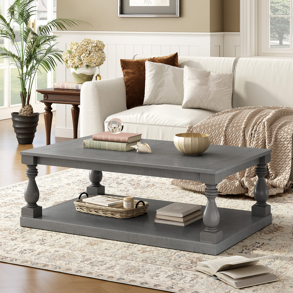 U-STYLE Vintage Coffee Table Featuring Artistic Vase Column Legs And Luxurious Pine Veneer For Timeless Charm Suitable For Living Room  Study Room
