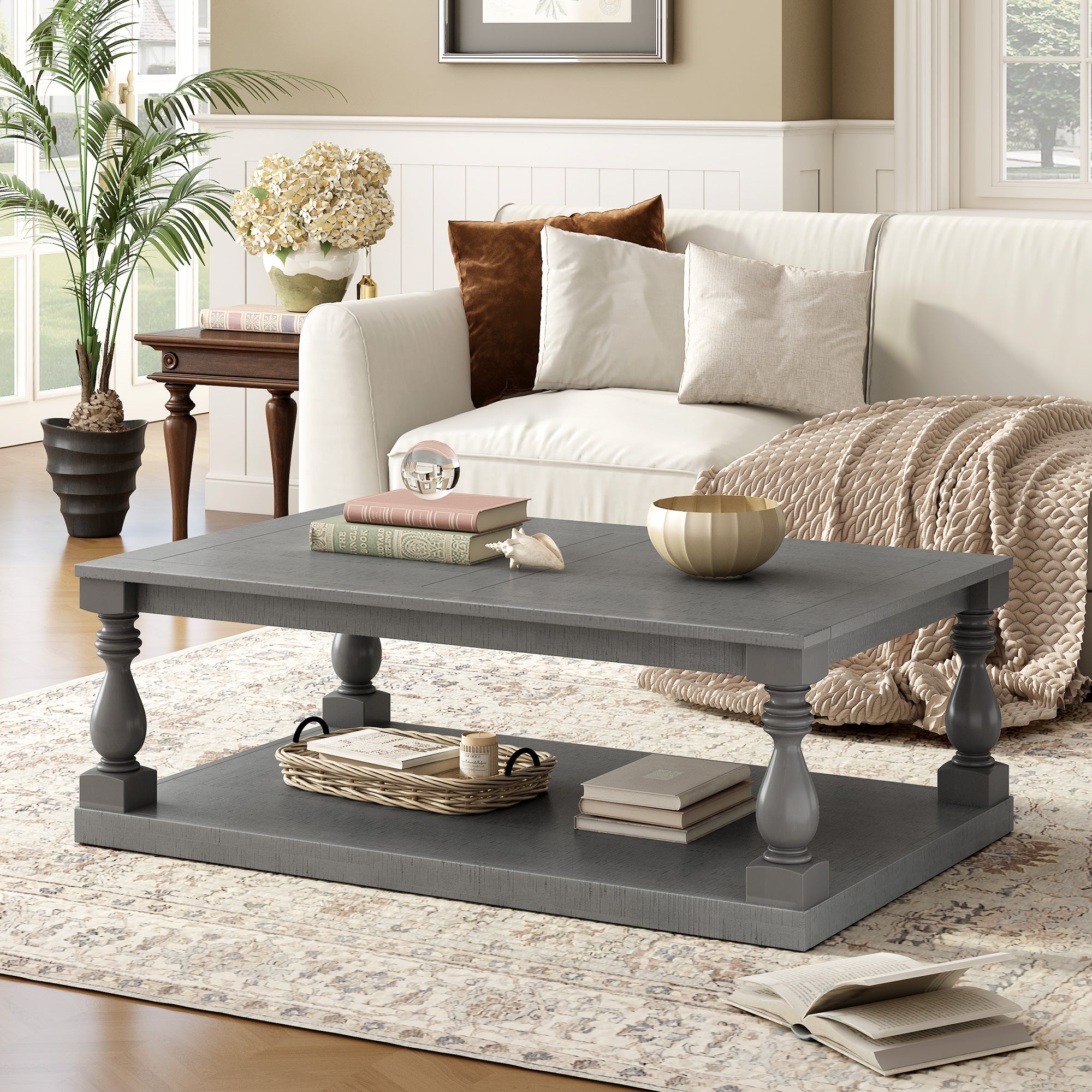 U-STYLE Vintage Coffee Table Featuring Artistic Vase Column Legs And Luxurious Pine Veneer For Timeless Charm Suitable For Living Room  Study Room