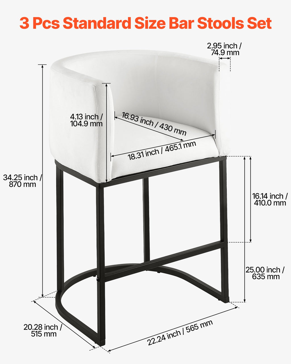 Bar Stool Set Of 3, 25 Inch Counter Height Stools, Counter Barstool With Backrest, Arm, Metal Frame, And Footrest, Accent Fabric Bar Chair, Island Barstools For Kitchen, Dining Room, White