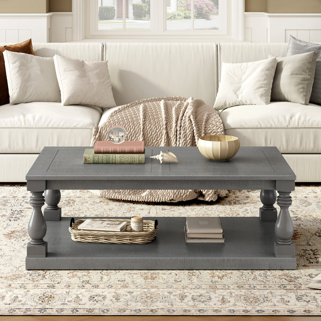 U-STYLE Vintage Coffee Table Featuring Artistic Vase Column Legs And Luxurious Pine Veneer For Timeless Charm Suitable For Living Room  Study Room