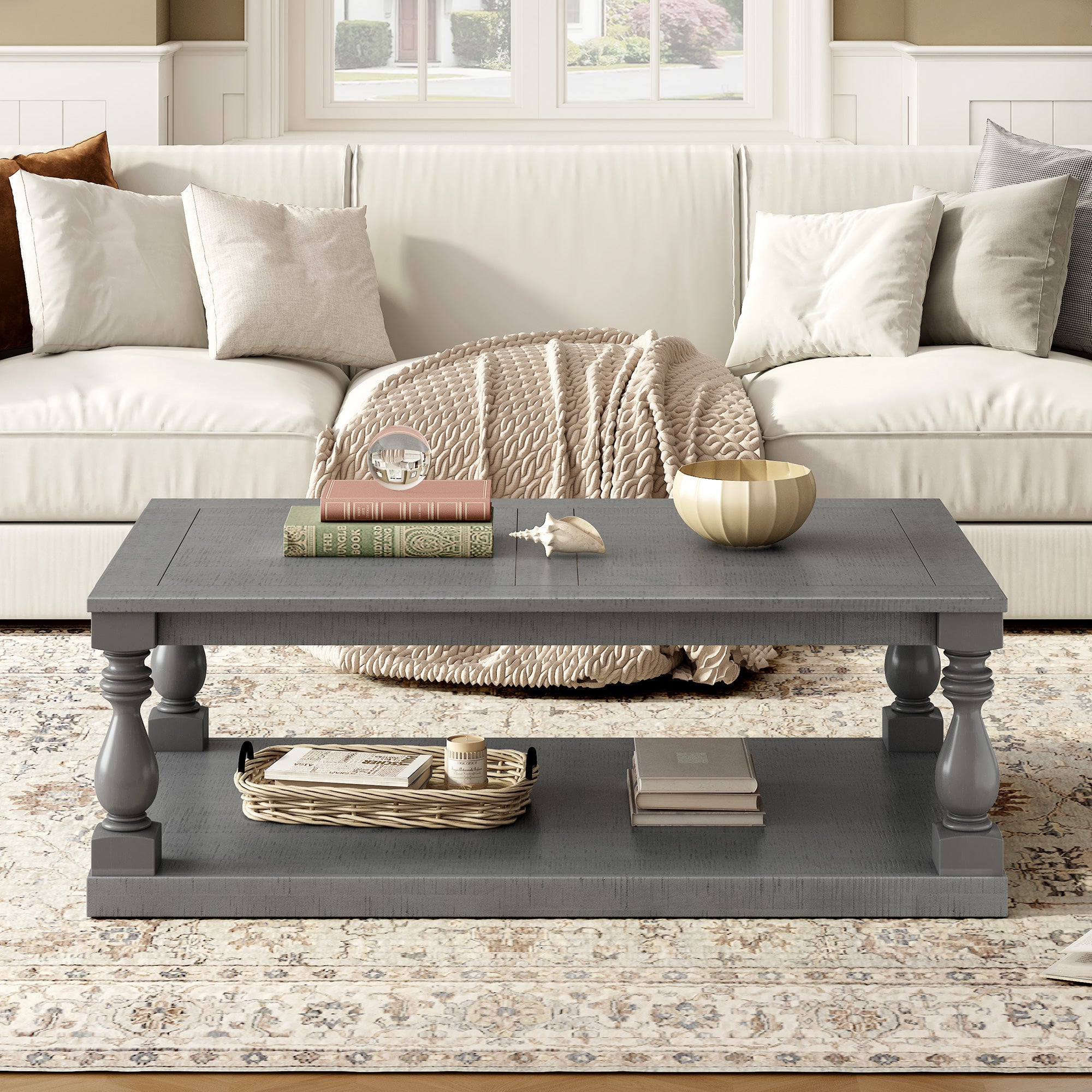 U-STYLE Vintage Coffee Table Featuring Artistic Vase Column Legs And Luxurious Pine Veneer For Timeless Charm Suitable For Living Room  Study Room