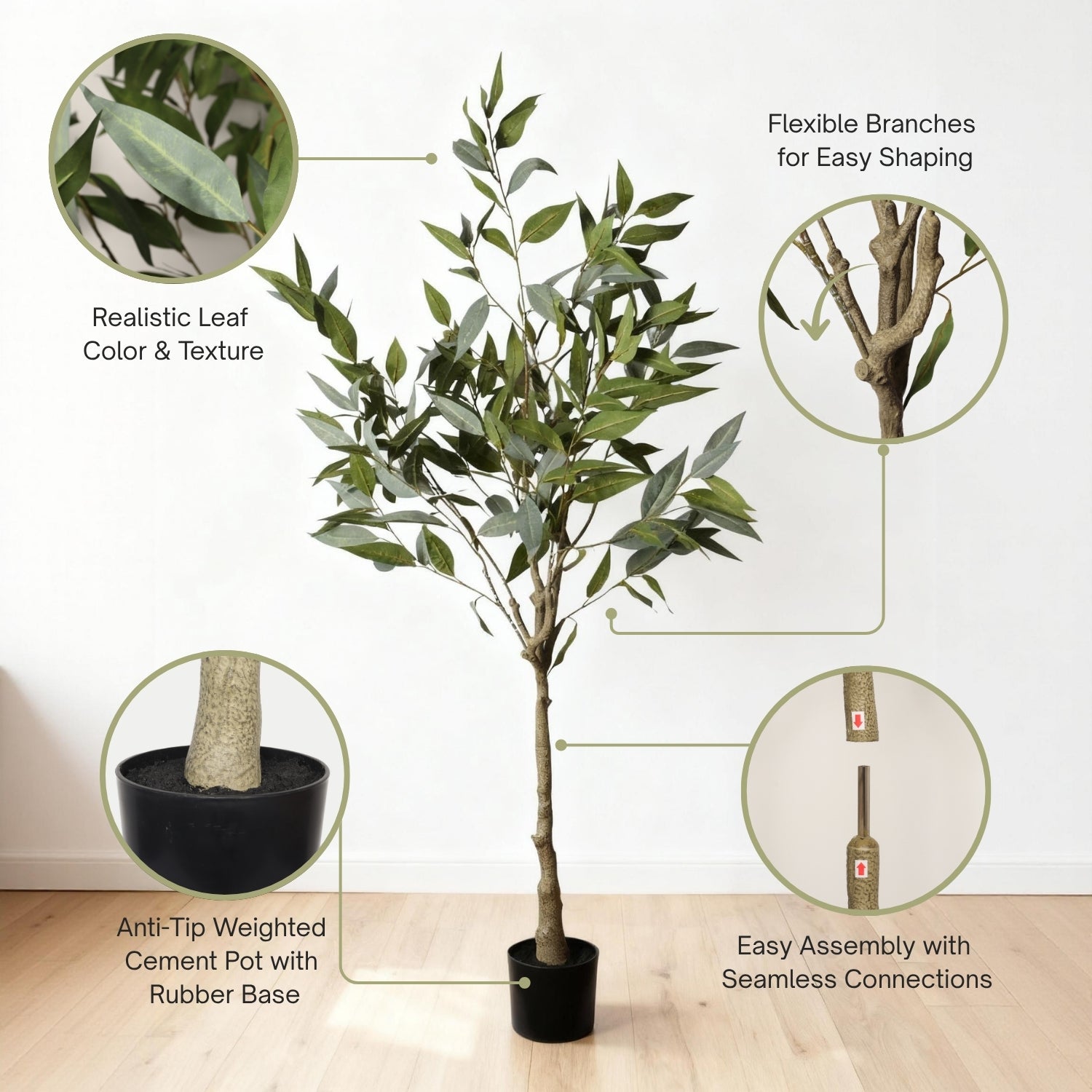 5FT Artificial Eucalyptus Tree With Black Plastic Pot, Realistic Fake Potted Plant For Home Office Indoor Decoration,  Green Faux Tree, 1pc Set