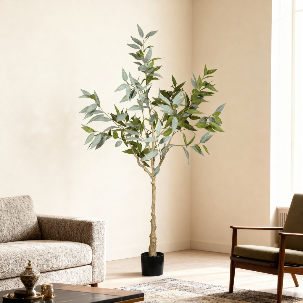 5FT Artificial Eucalyptus Tree With Black Plastic Pot, Realistic Fake Potted Plant For Home Office Indoor Decoration,  Green Faux Tree, 1pc Set